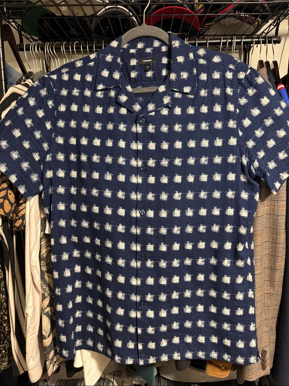 Express Navy and White Short-Sleeve Button-Down Shirt